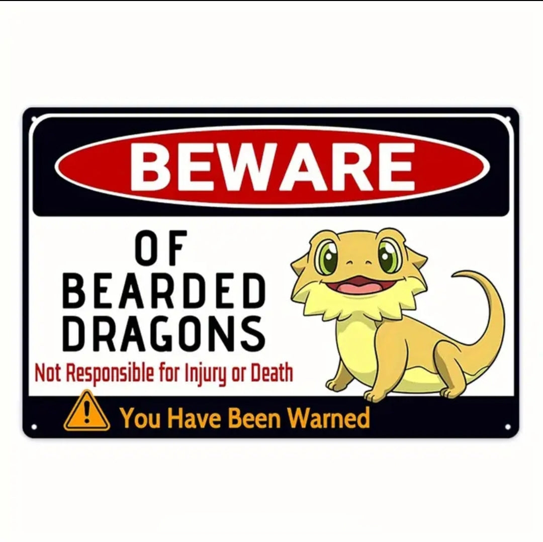 Beware of Bearded Dragon Metal Sign – Cute Cartoon Reptile Décor