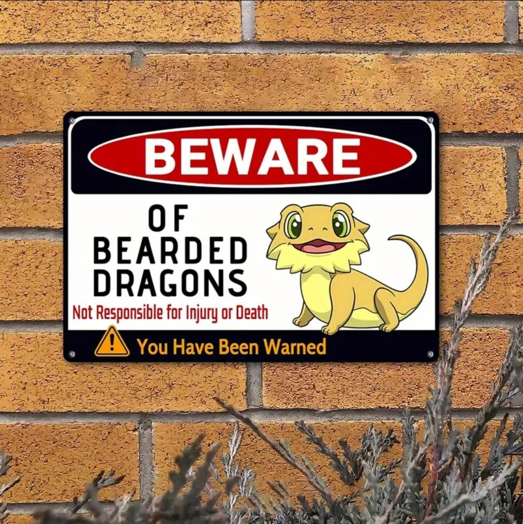 Beware of Bearded Dragon Metal Sign – Cute Cartoon Reptile Décor