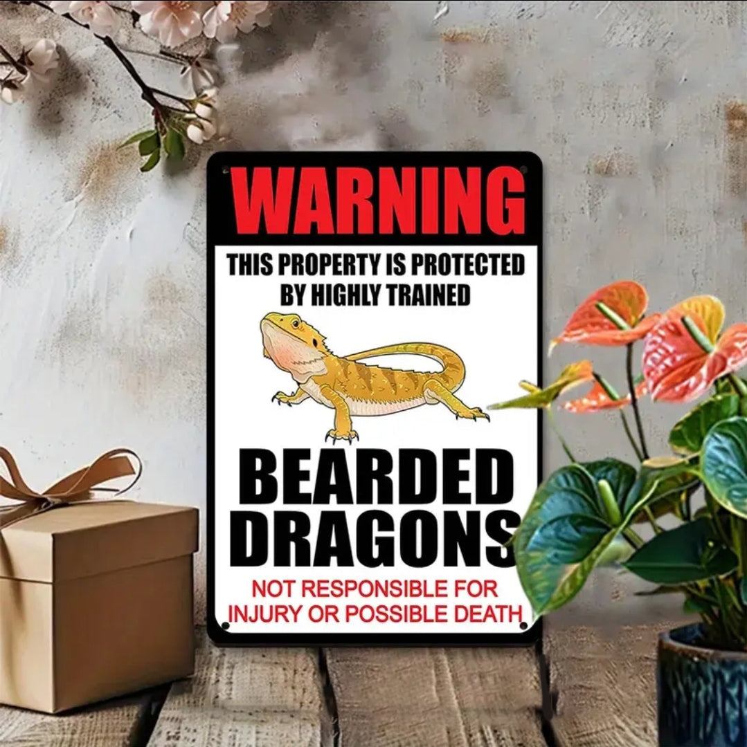Warning Bearded Dragon Metal Sign – Funny Reptile Lover Décor